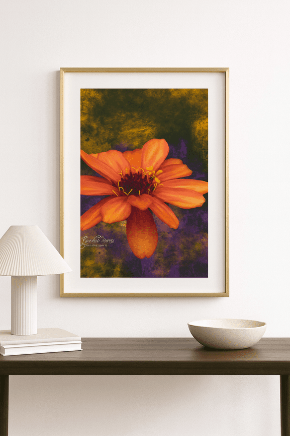 Orange flower fine art print with misty purple and gold background.