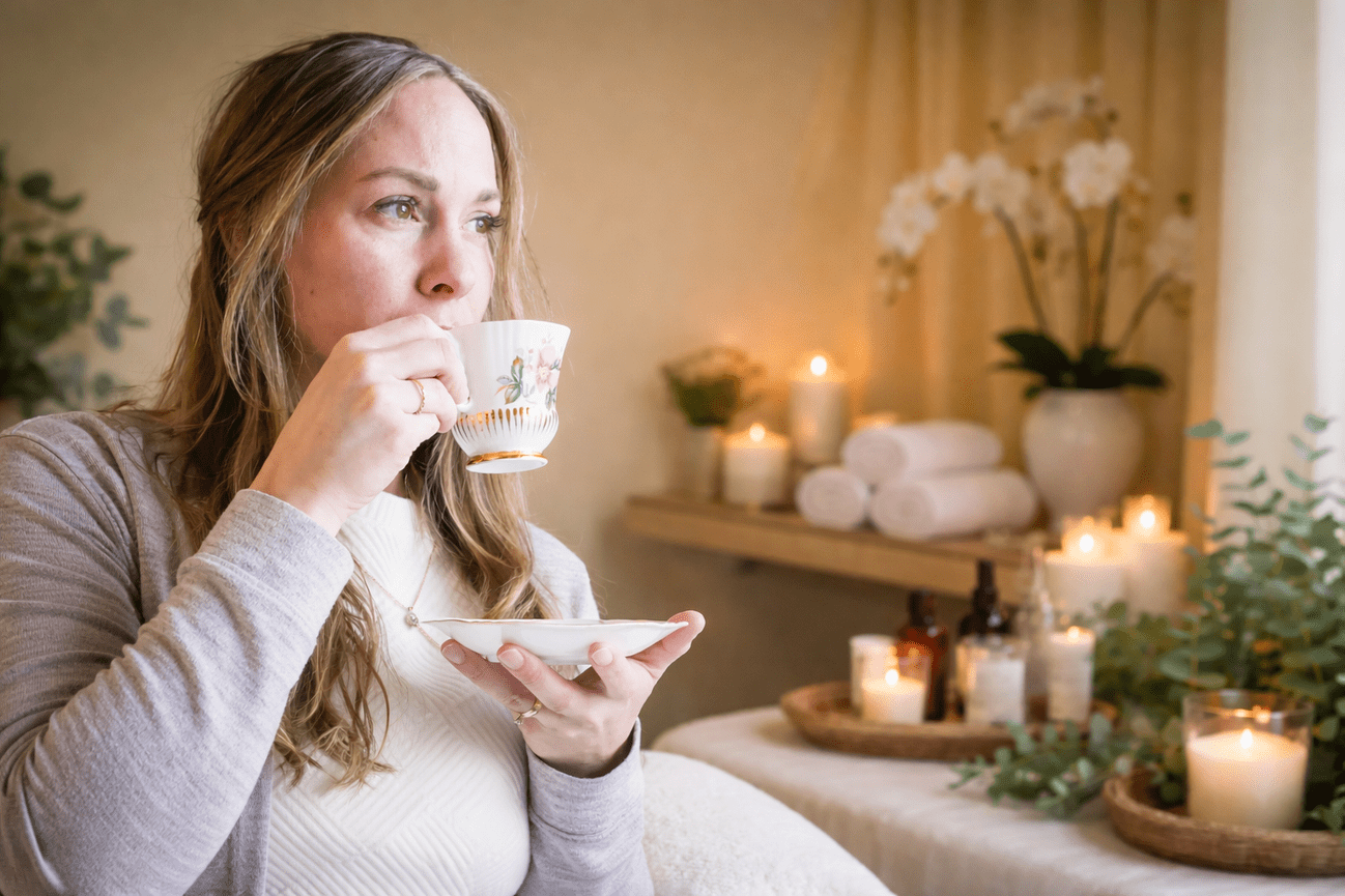 Woman enjoying tea in a cozy spa with lit candles and orchids in the background.
