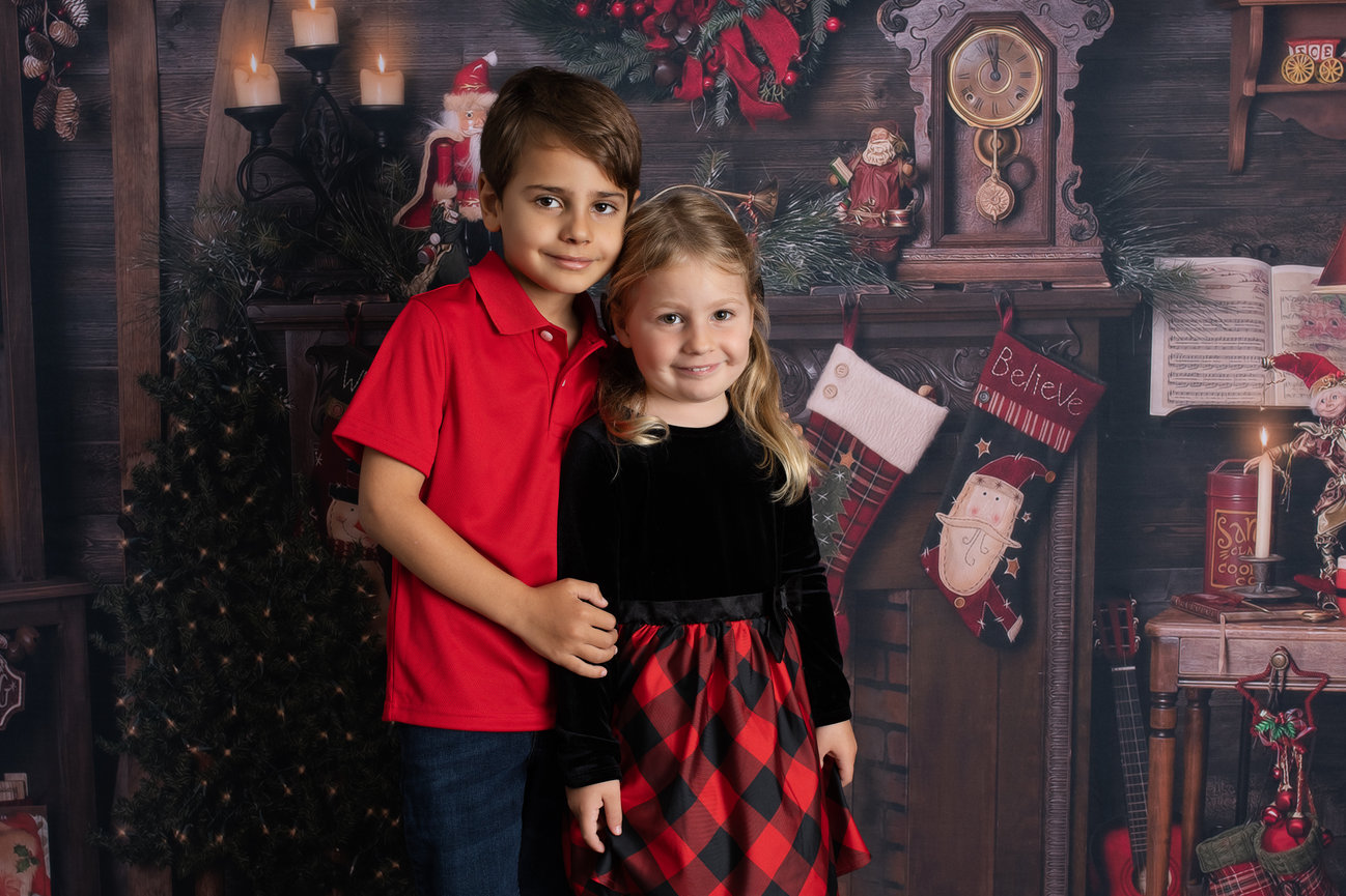 Charleston, SC Brother and sister Christmas portrait with a holiday background, image created in Charleston, SC