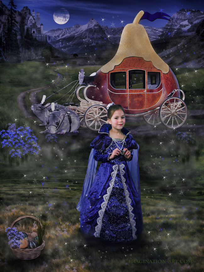 Composite image of a child dressed as Cinderella.