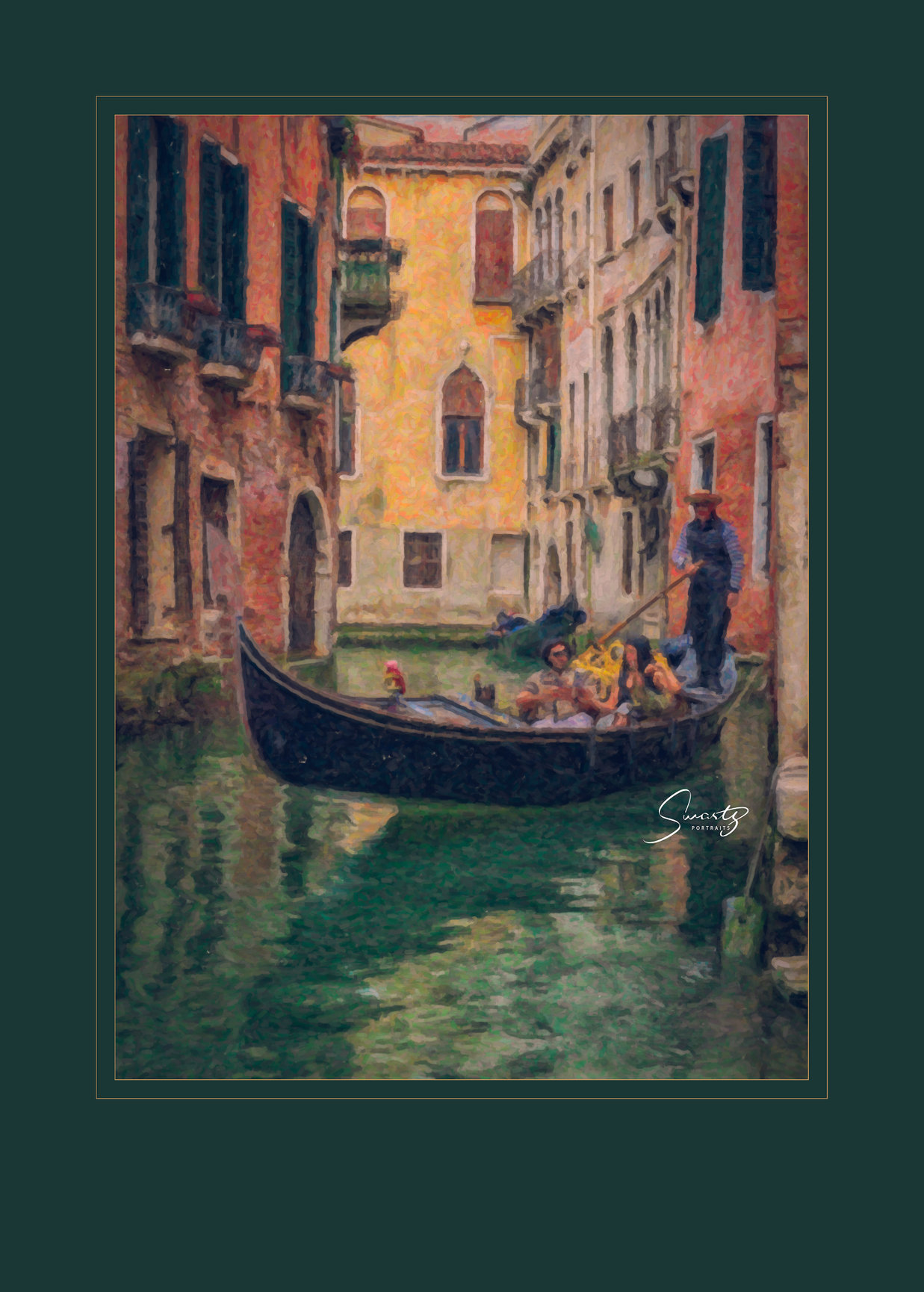 Ty Swartz created a painting from a portrait of tourist taking a gondola ride during his visit in Venice, Italy.