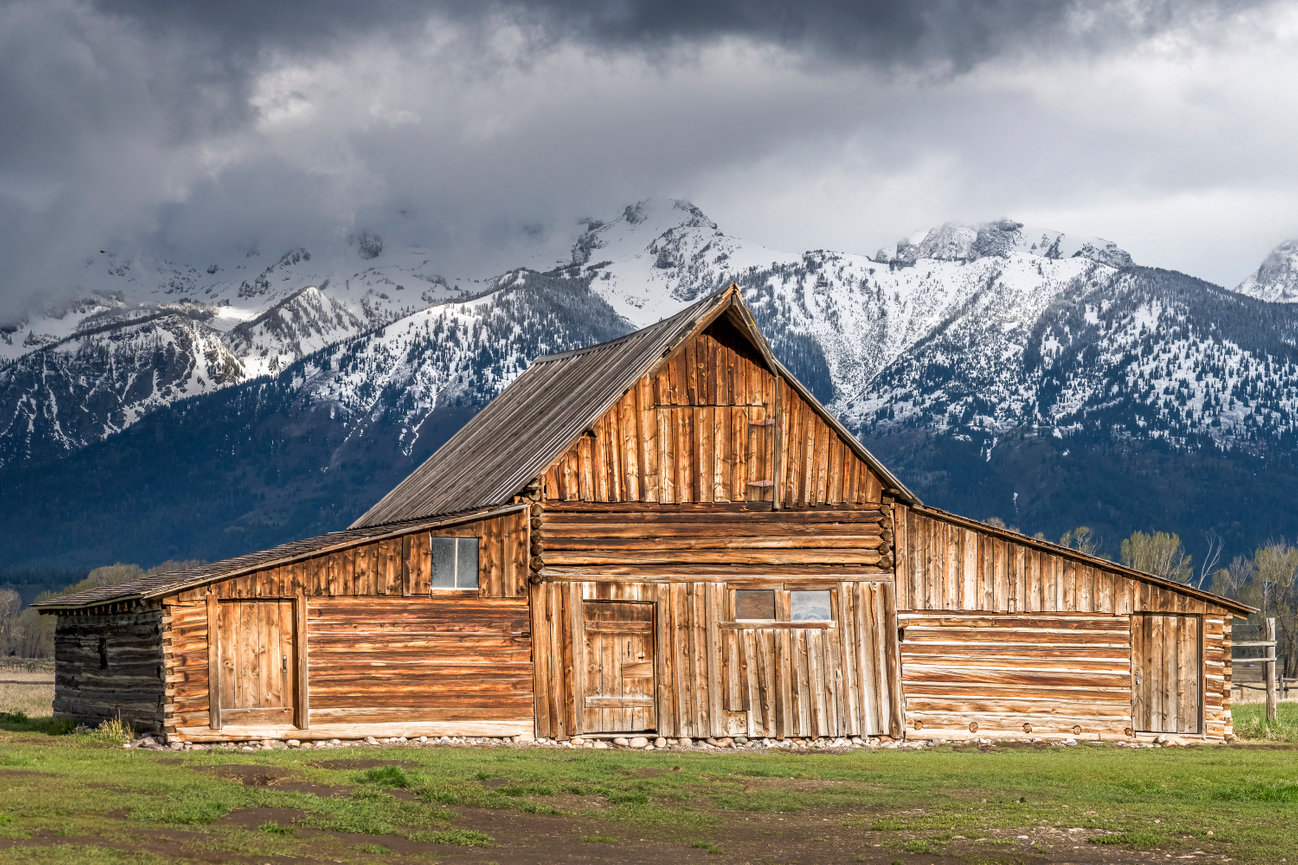 John Moulton Barn with the snowcapped Teton Range in the background