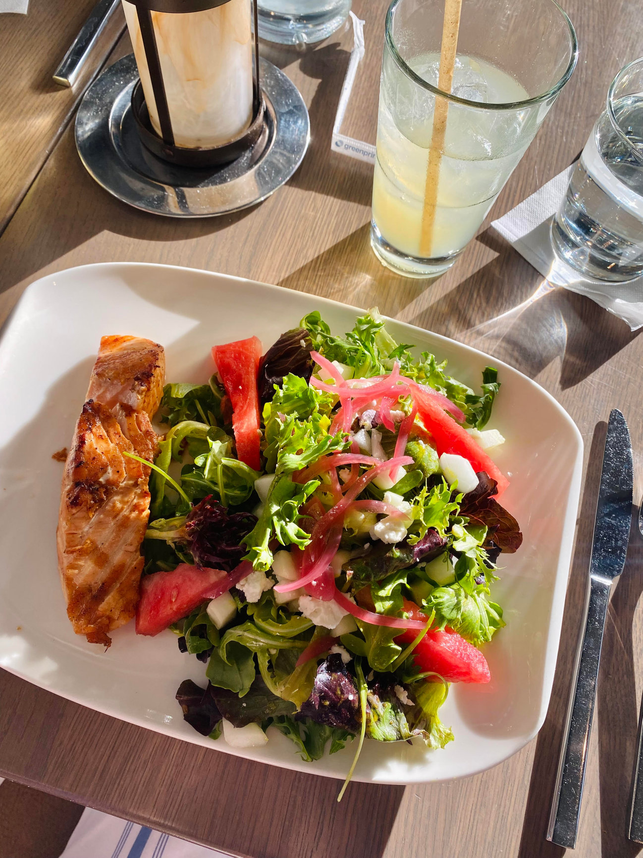 watermelon feta salad with grilled salmon at farmers table in boca raton