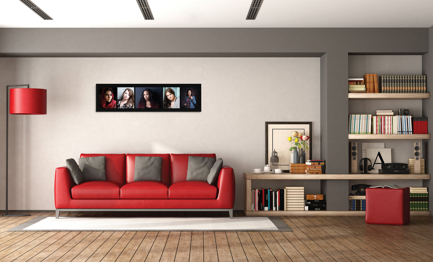horizontal composite portrait collection displayed as a single framed wall artwork above sofa in a modern home interior