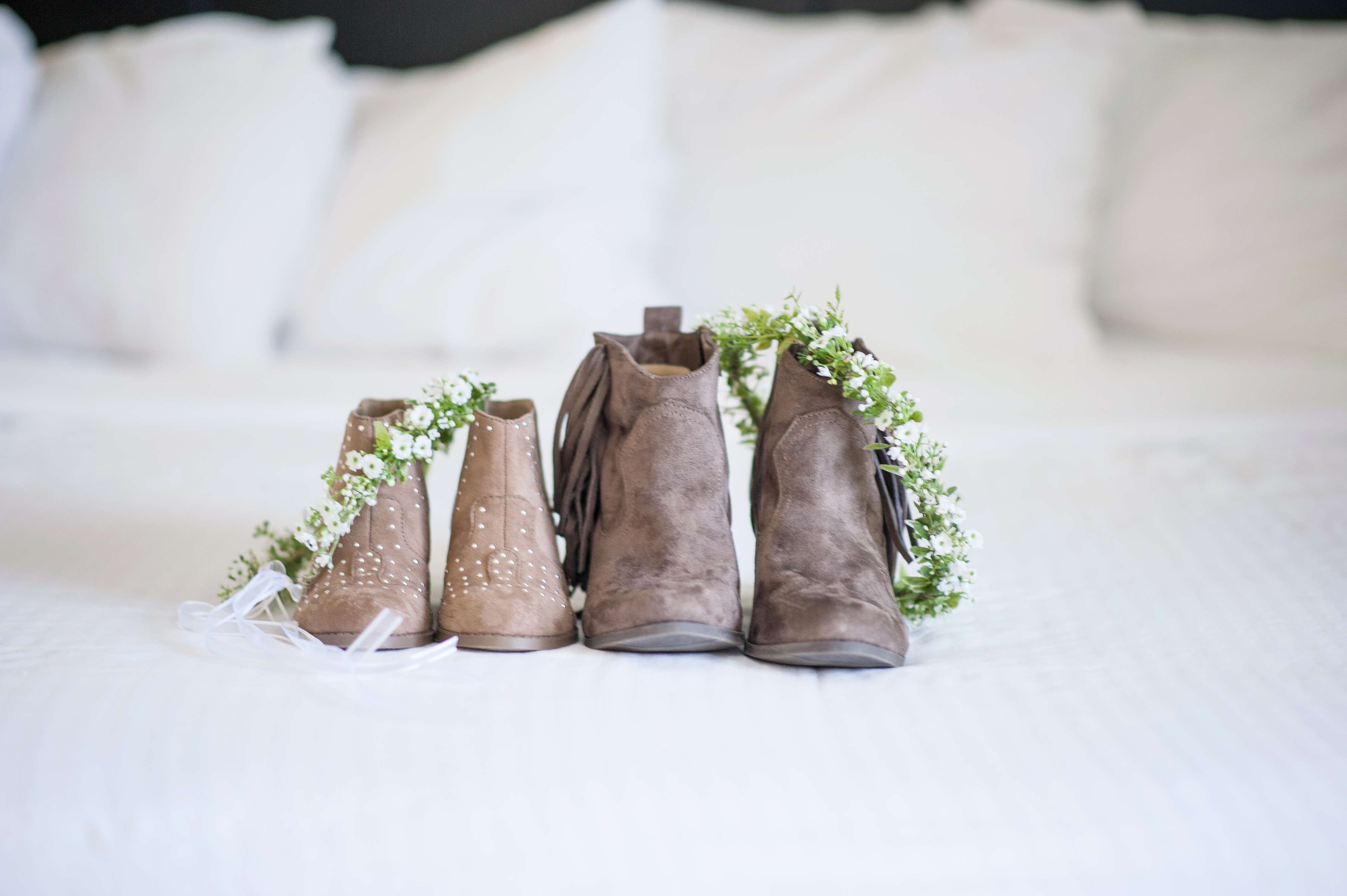 Bride and flower girl shoes and flower crowns.