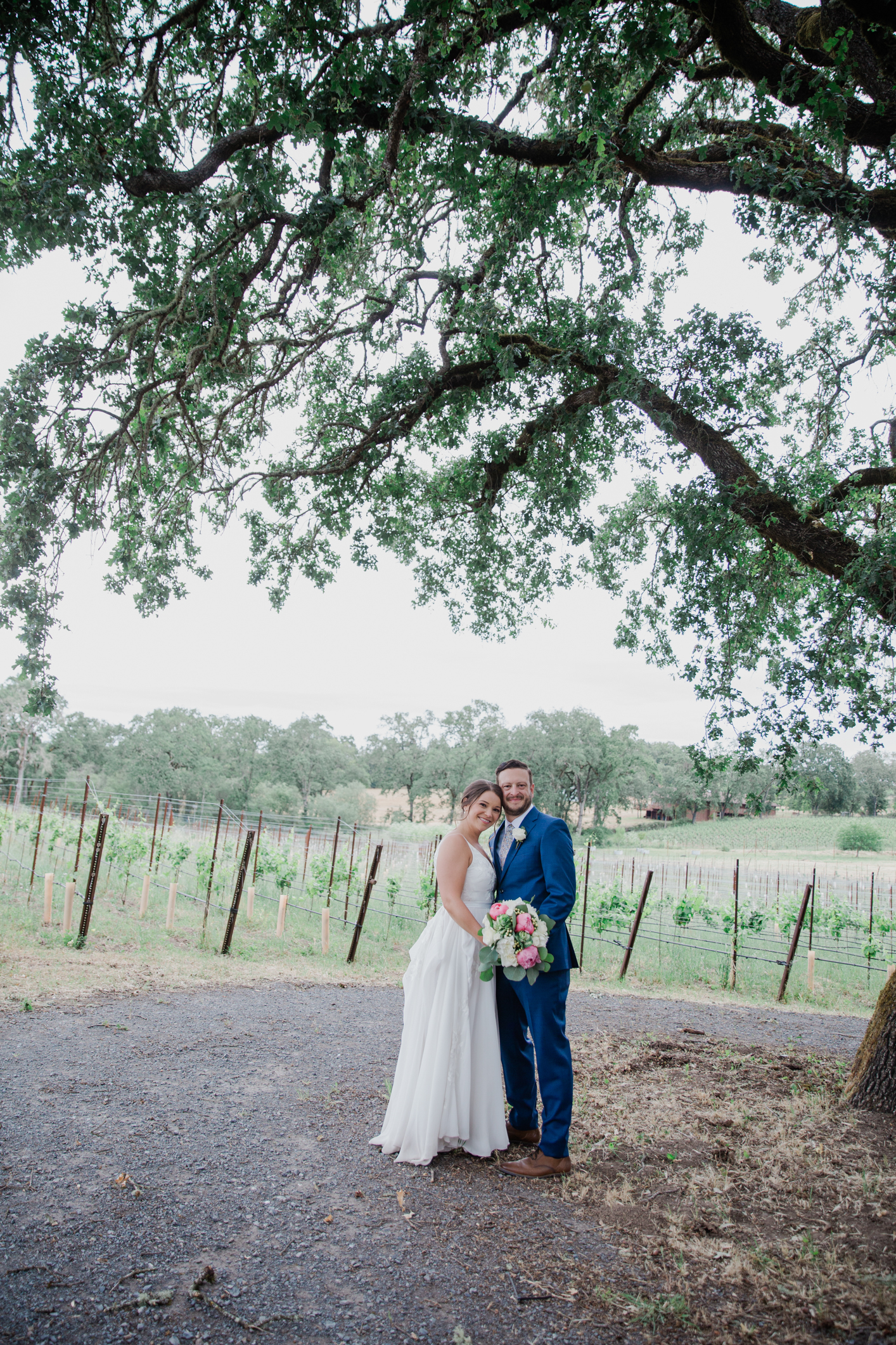 Bride and Groom Posing under the oak tree at Russian River Vineyards