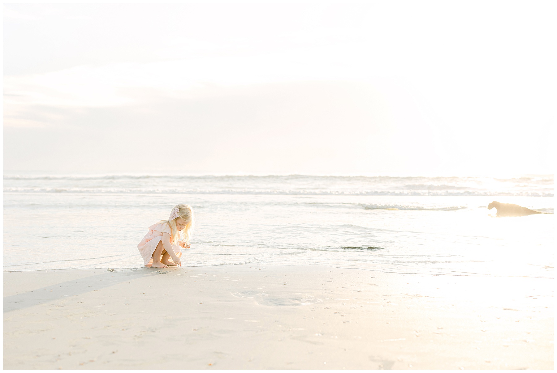 little girl collecting sea shells on the beach at sunrise light and airy pink pastel sunrise photos