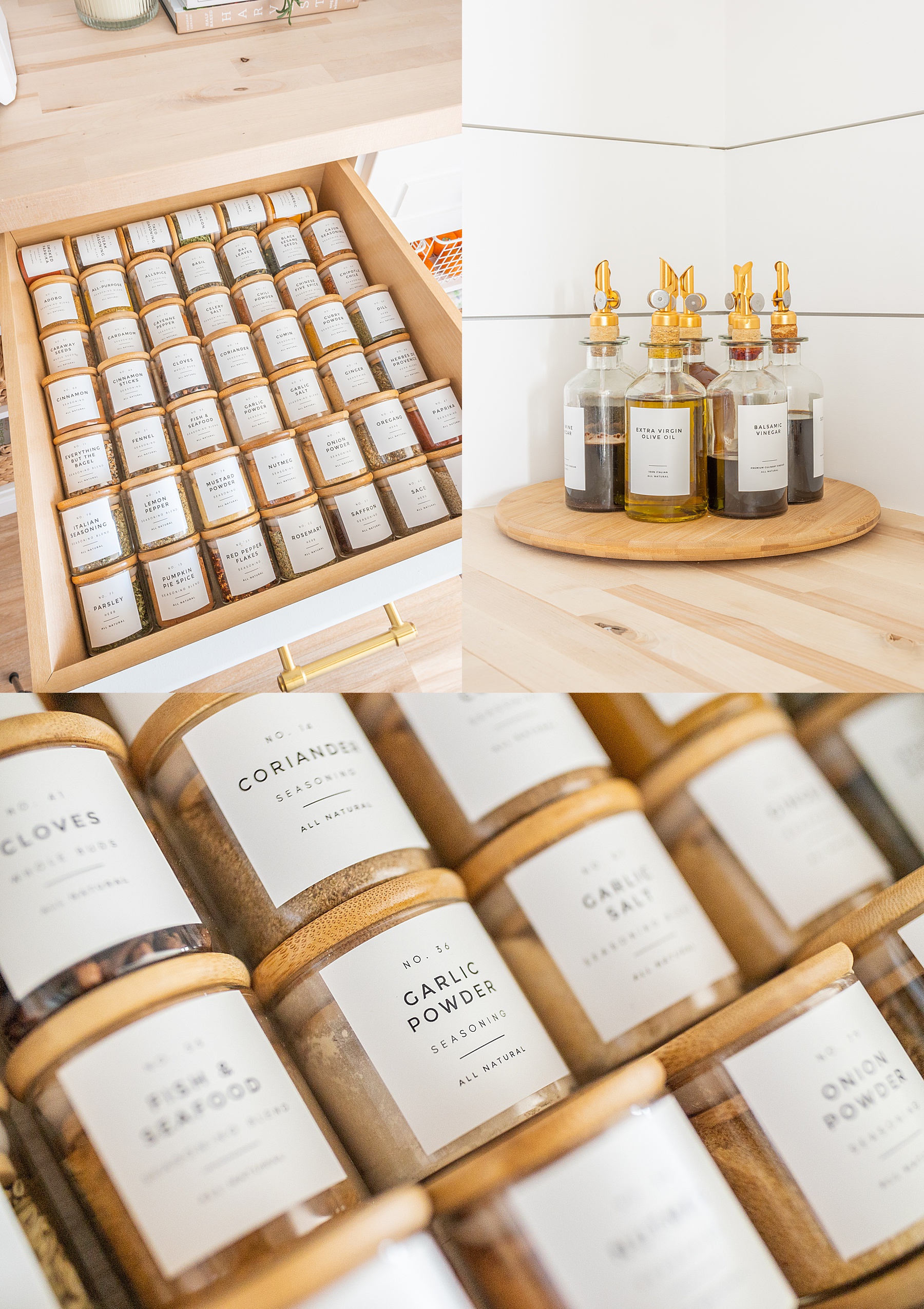 pantry organized with labeled jars and spice jars