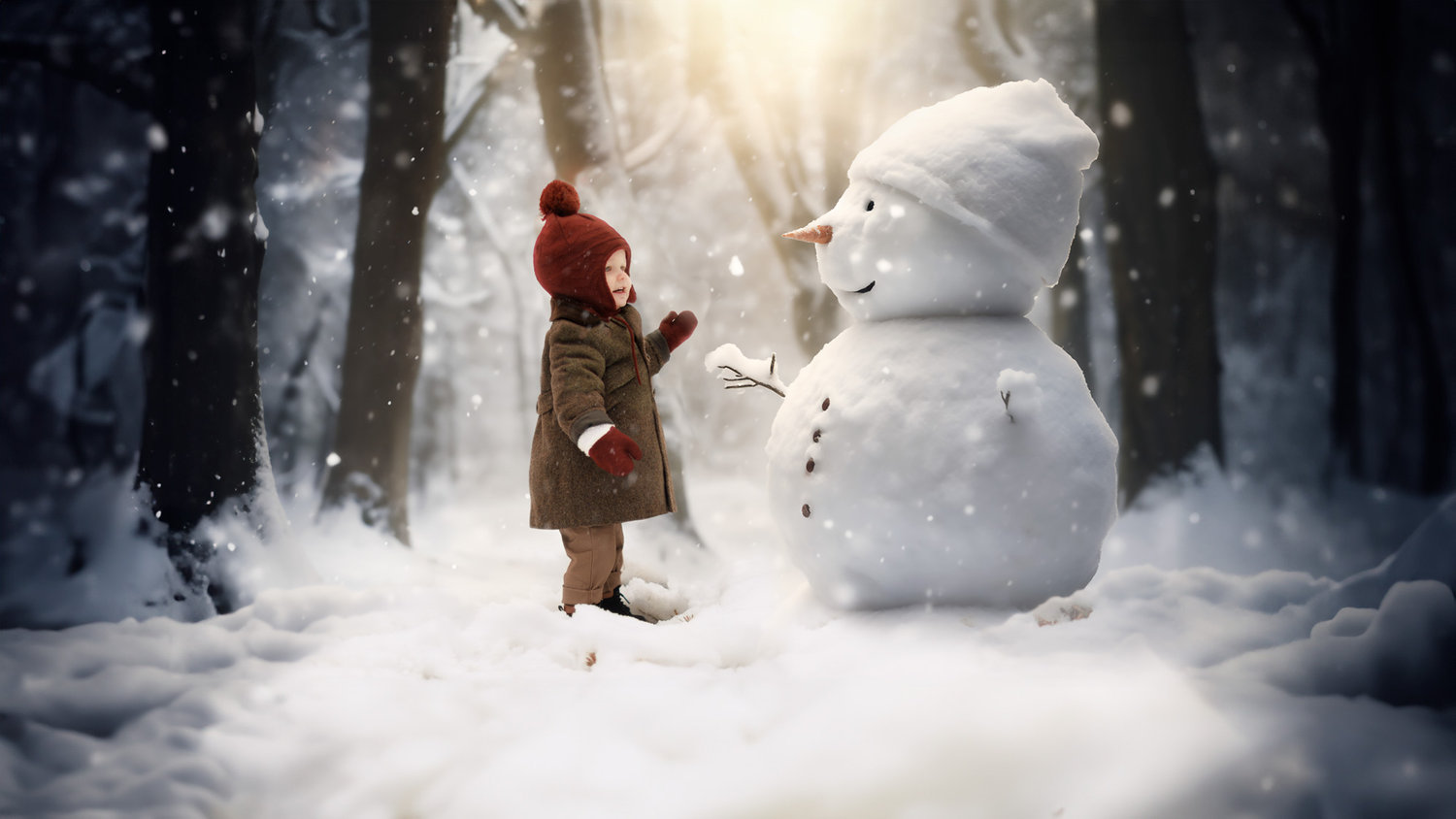 Little boy with magical snowman