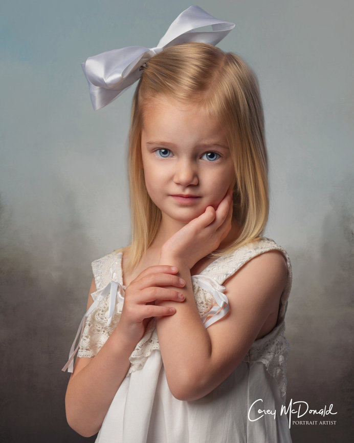 Young girl with a white bow and dress, softly touching her face with her hand, against a neutral background.