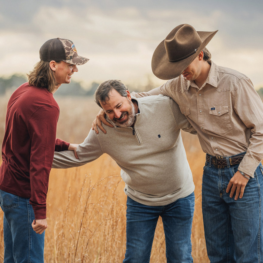 Three men laughing together in a field, with one wearing a cowboy hat and another a camouflage cap.