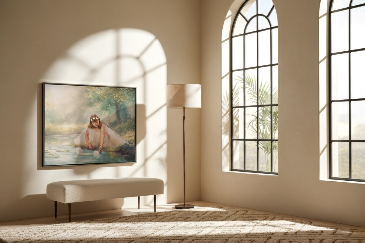 Sunlit minimalist room with arched windows, sofa, rug, and framed Storybook Images painting on the wall