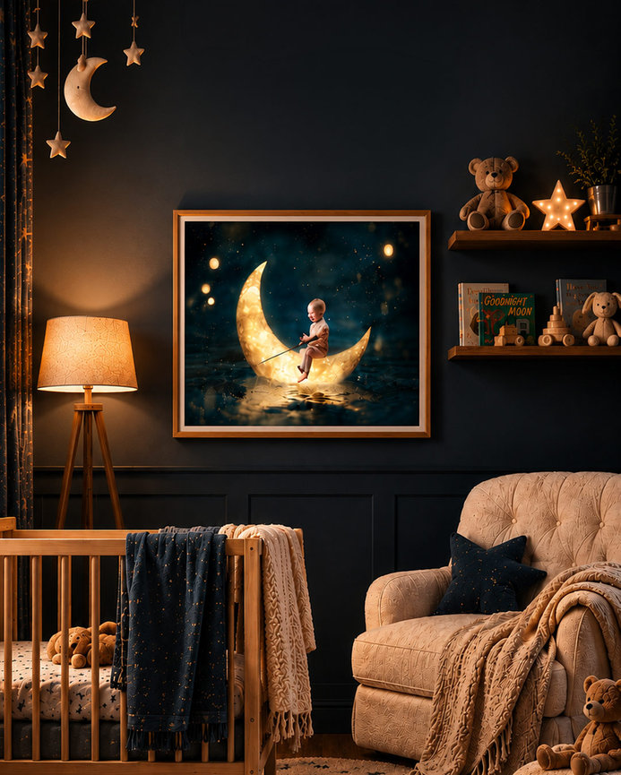 Cozy nursery with glowing moon wall art, crib, rocking chair, teddy bears, and warm lamp lighting