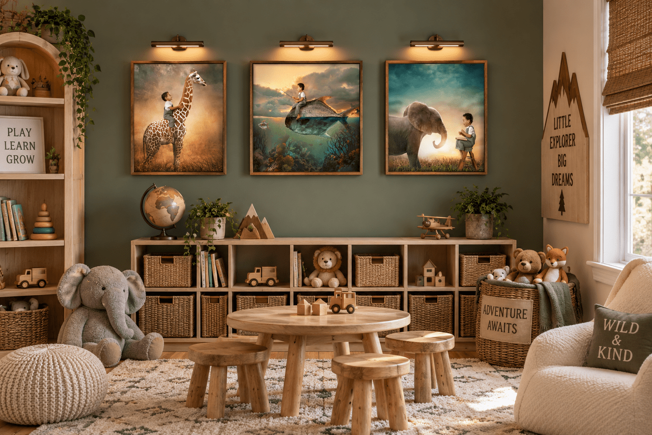 A child fishing while sitting on a giant fish with vibrant coral and marine life below. Storybook Images whimsical artwork of children.