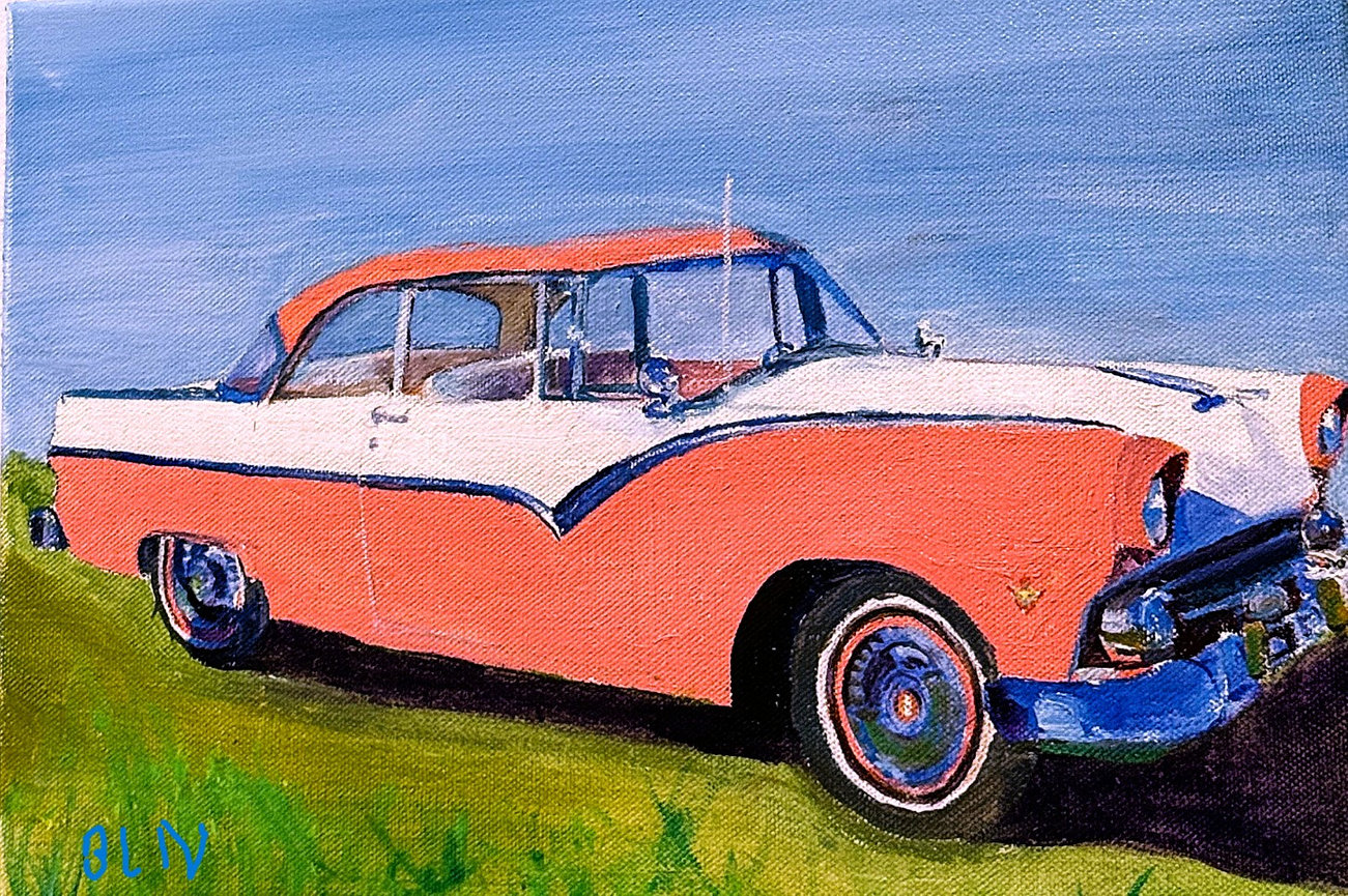 Watercolor painting of a pink and white vintage car parked on grass.