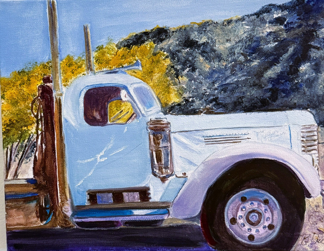 Watercolor painting of a white vintage pickup truck near a mountain road.