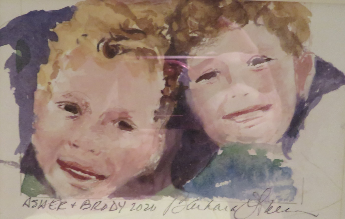Soft watercolor portrait of two smiling children.