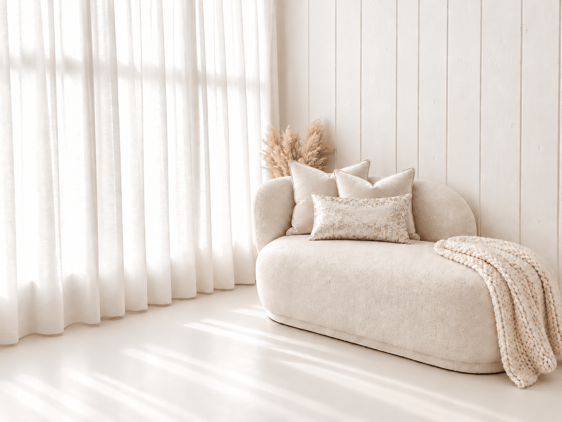 Cream and champagne holiday portrait set with an ivory chaise, neutral pillows and white studio flooring