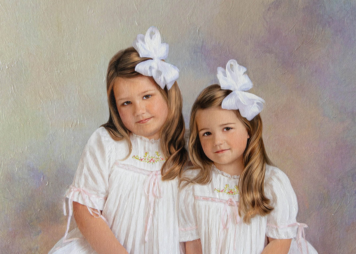 Museum-quality oil painting of a children in studio lighting