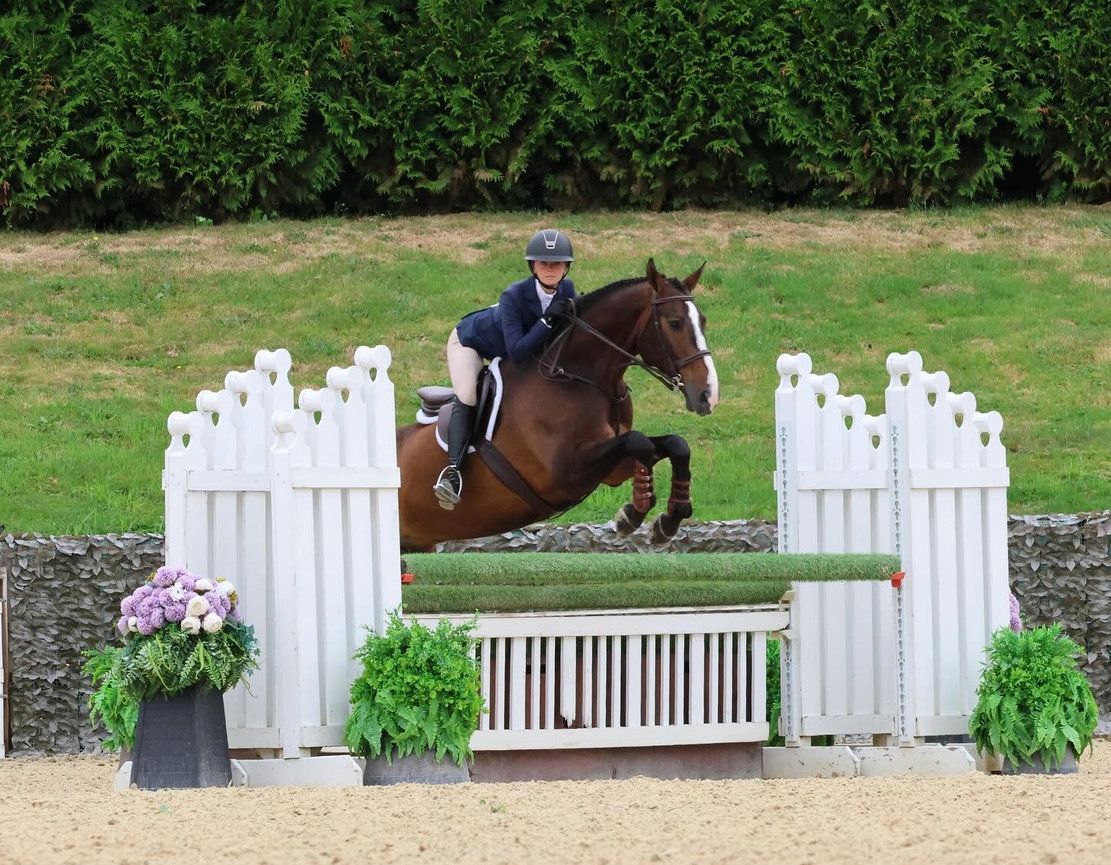 Horse and rider clearing a white gate-style show jumping fence.
