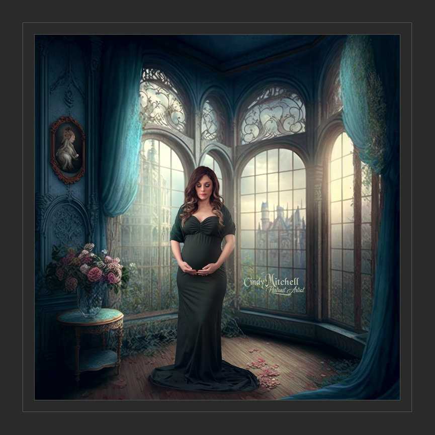 Pregnant woman in a dark gown standing in an elegant gothic room with tall windows and city view