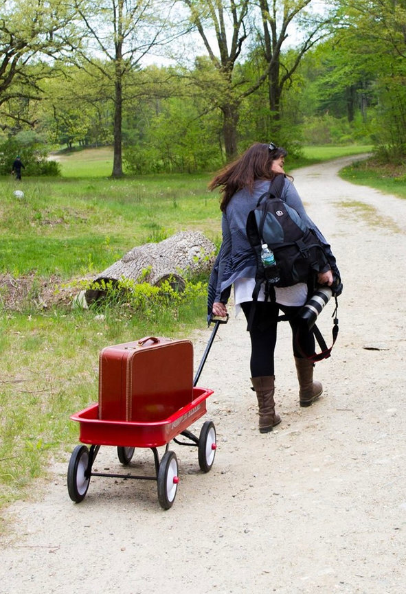 Paula Swift with camera gear pulling a red wagon with a suitcase on the path at the Wayside Inn in Sudbury, MA