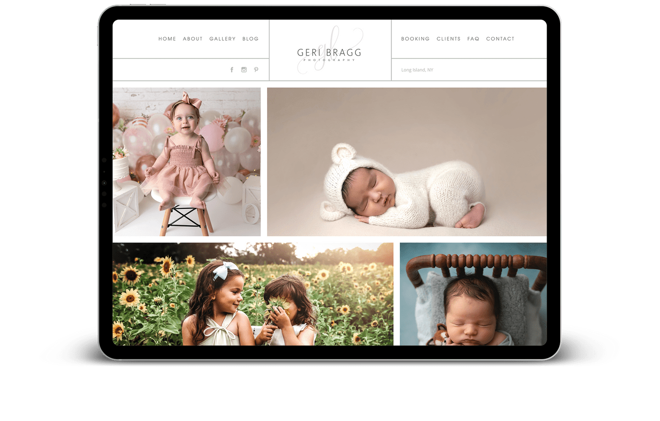 A tablet displaying a photography website featuring baby and child portraits with a soft, pastel aesthetic.