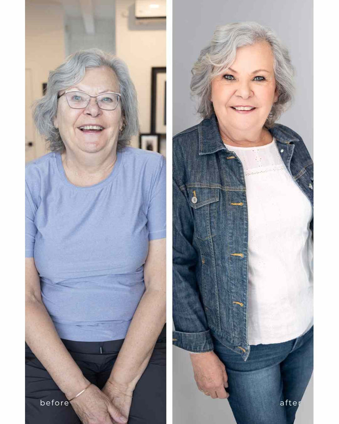 before and after photo of elderly woman in a jean jacket, Calgary portrait studio