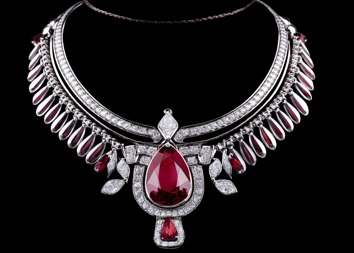Platinum necklace featuring a large pear-shaped ruby centerpiece surrounded by pavé diamonds, with cascading ruby teardrop accents and diamond leaf motifs, set against a black background.