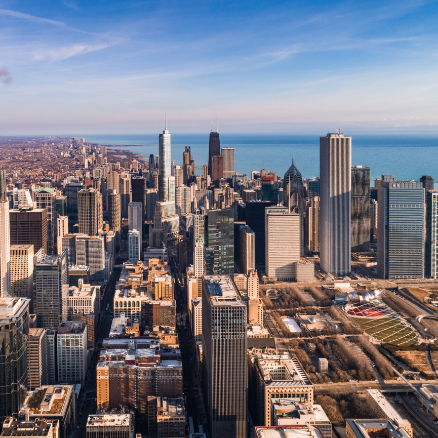 Aerial view of downtown skyscrapers