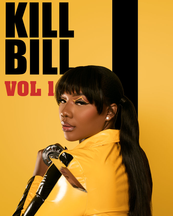 Woman in costume with sword, Kill Bill theme