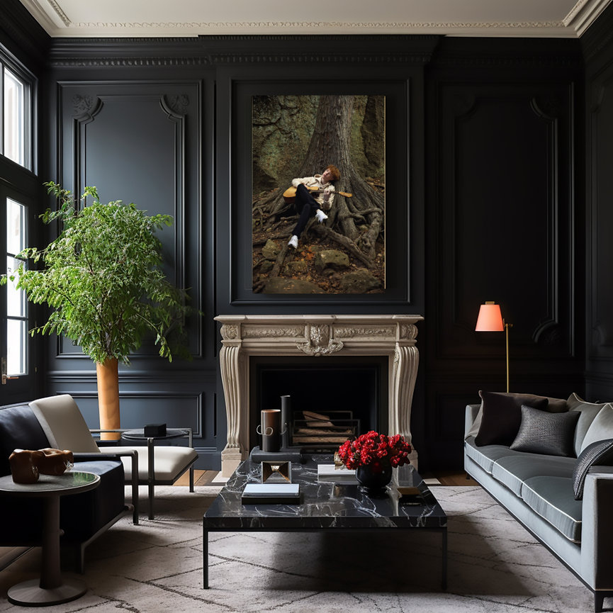 Elegant living room with framed fine art portrait, created by Fort Worth portrait photographer specializing in IPS.