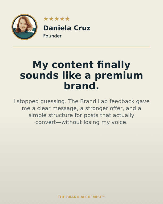 Testimonial from a founder praising brand lab feedback for enhancing message clarity and post structure to sound premium.