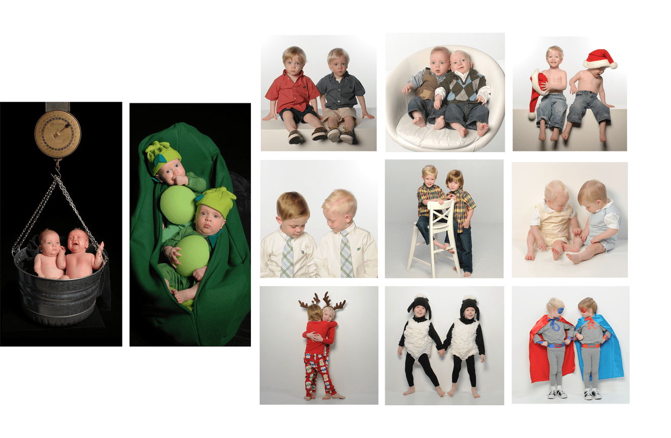 Twins Ryal and Owen as toddlers wearing various handmade Halloween costumes their grandmother made.