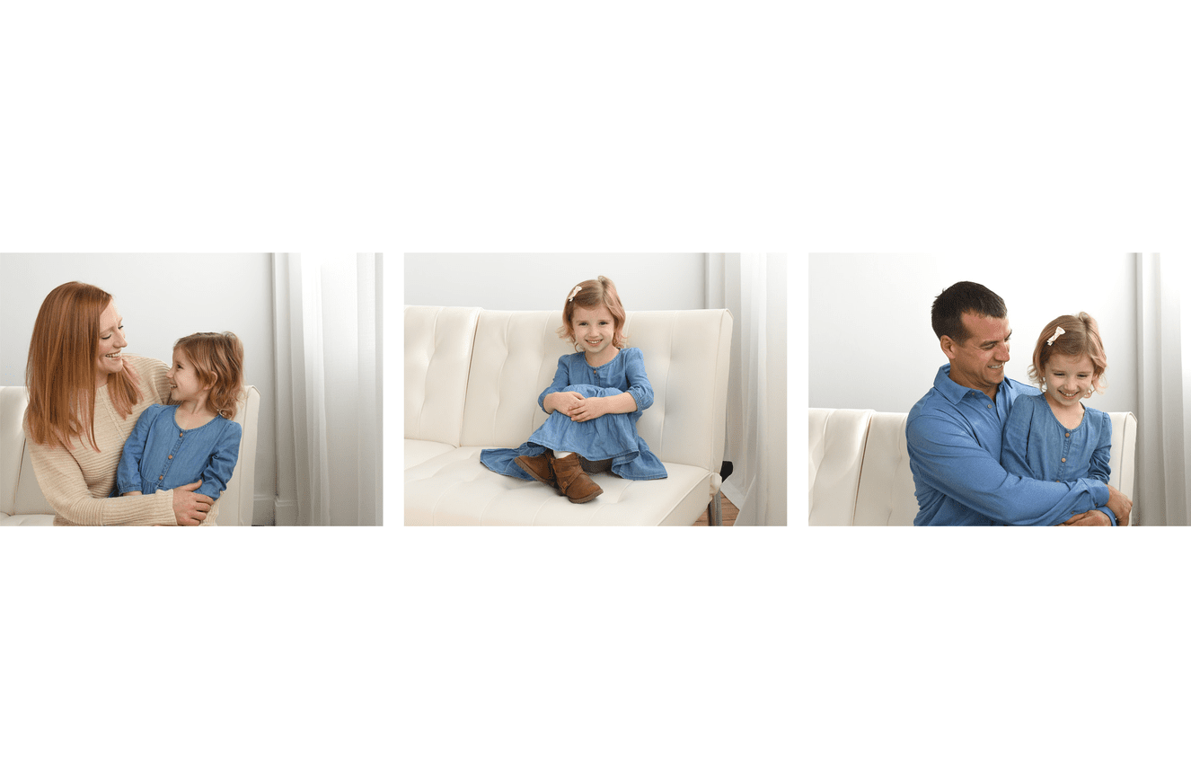 A young girl laughing with her mother and with her father at Kliks Photography..