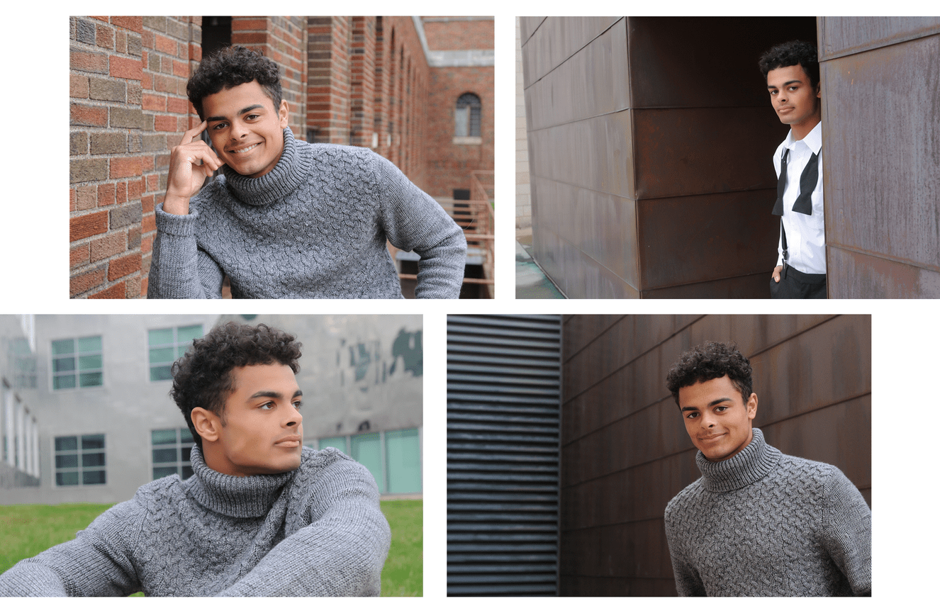High school senior, Haven, outside on a collage campus which includes a brick wall.