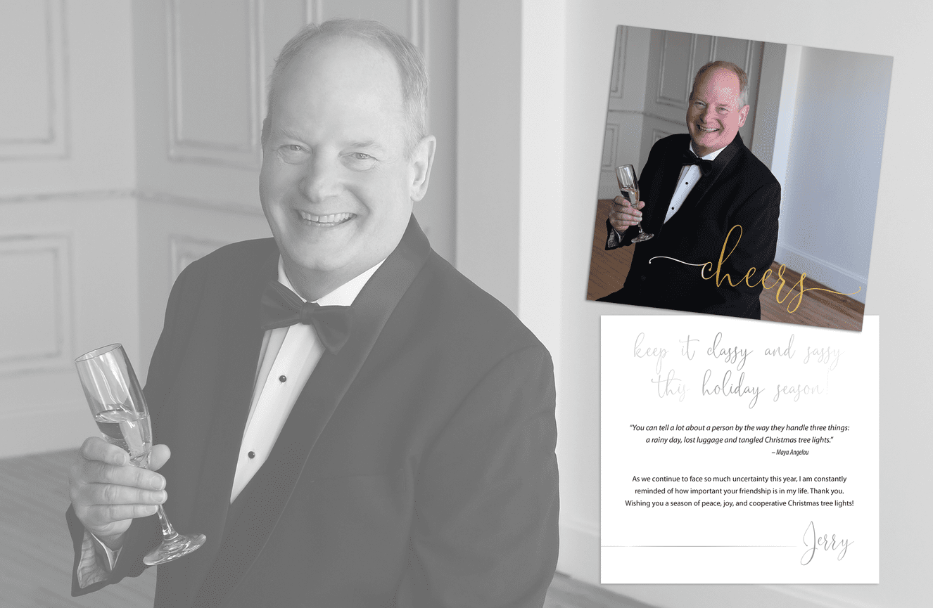 Realtor Jerry Howe wearing a tux and toasting champagne on his holiday card.