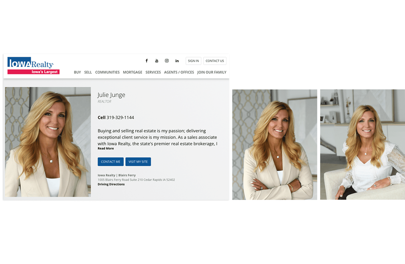 Realtor Julie Junge smiling brightly and confidently for her business photos at Kliks Photography.