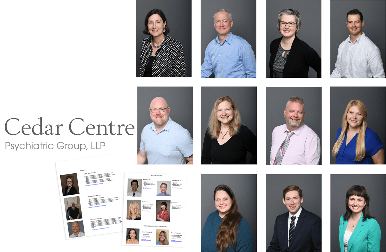 Before and after collage of the Cedar Centre Psychiatric Group's company bio website page.