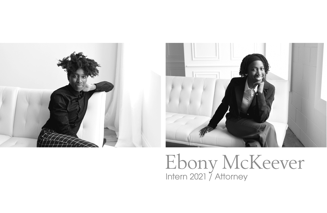 Black and white photos of a woman as an intern and then as a new attorney.