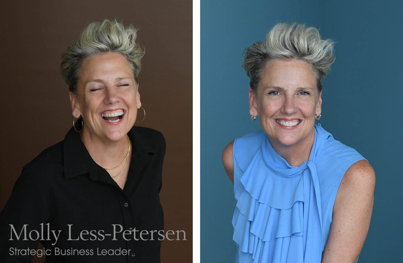 A smiling business head and shoulders shot of a woman alongside another image of her laughing during her photo session at Kliks Photography.