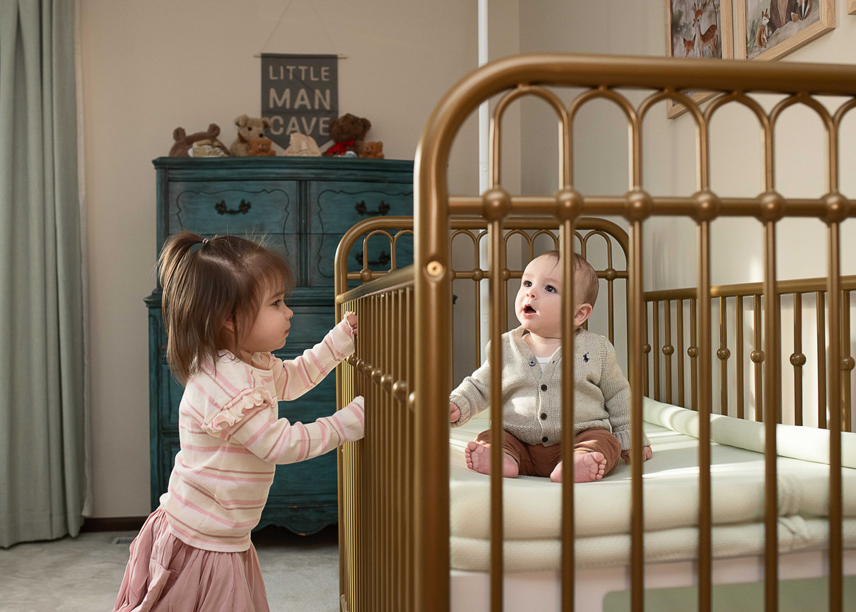 Toddler girl and baby in a gold crib in a nursery
