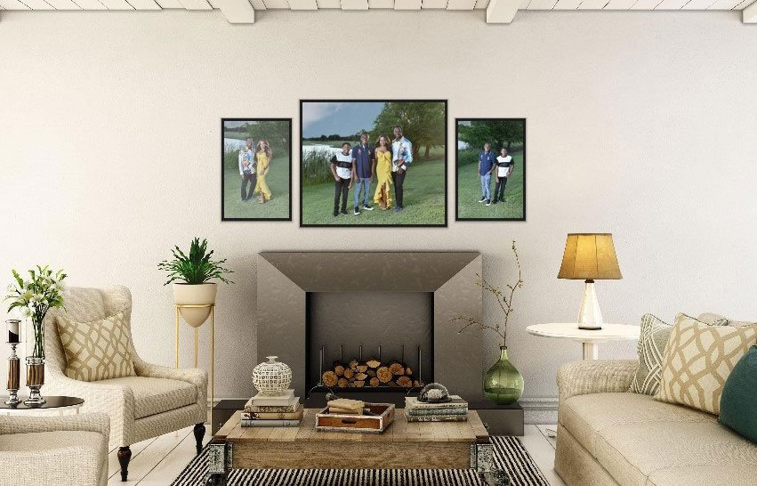 Living room with a modern decor, featuring a set of three framed family photos above a minimalist fireplace.