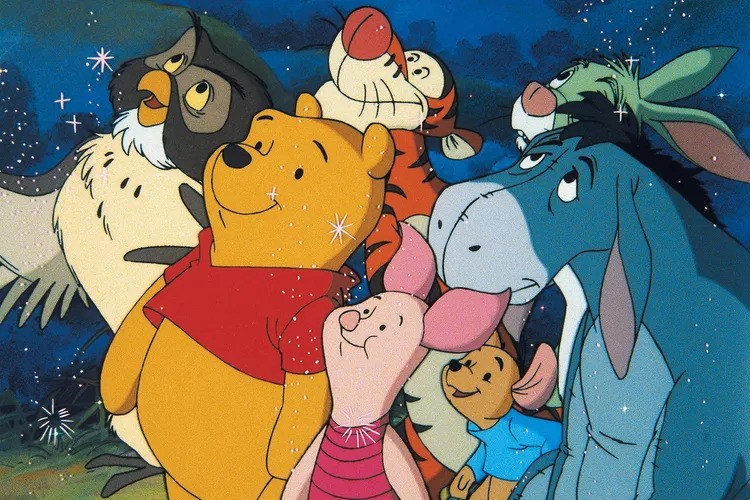Classic animated characters from the Hundred Acre Wood, including Winnie the Pooh, Tigger, and Eeyore, with a night sky backdrop.