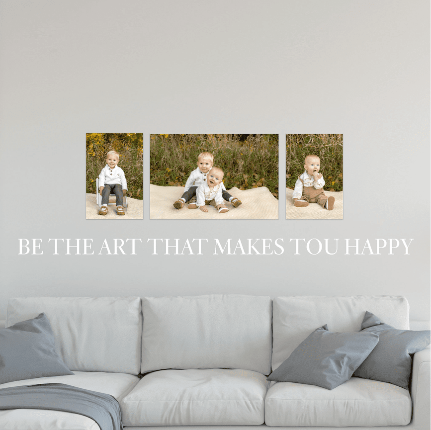 Three framed photos of children above a sofa with pillows, accompanied by the text: Be the art that makes you happy.