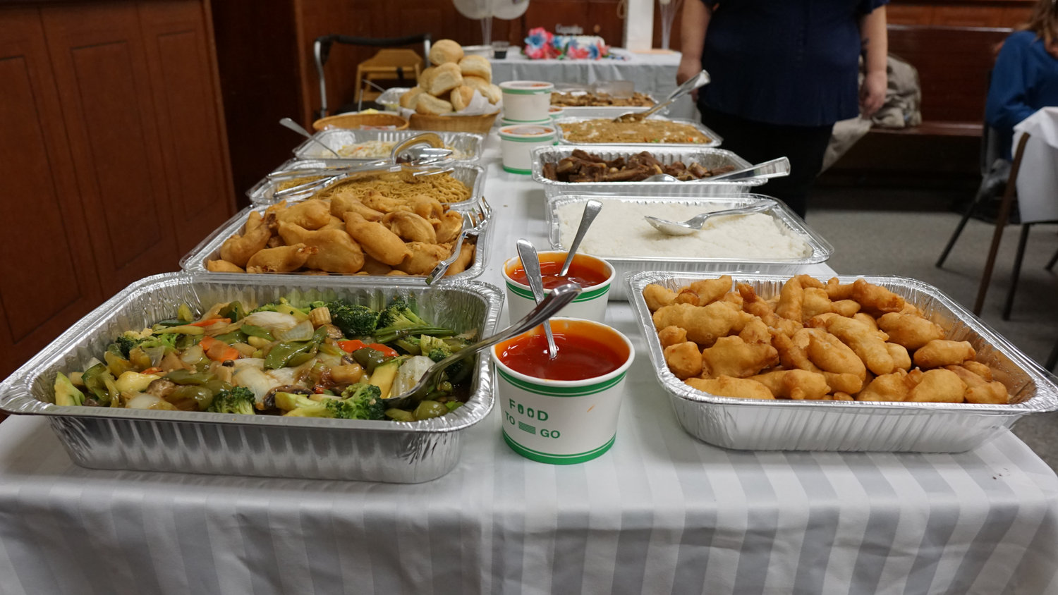 Wedding reception buffet table with assorted dishes