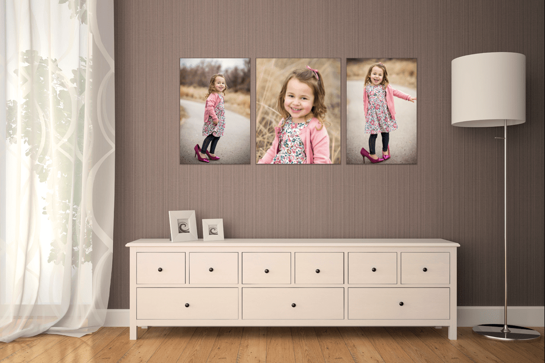A bedroom with a dresser and 3 large portraits hanging above it on the wall.